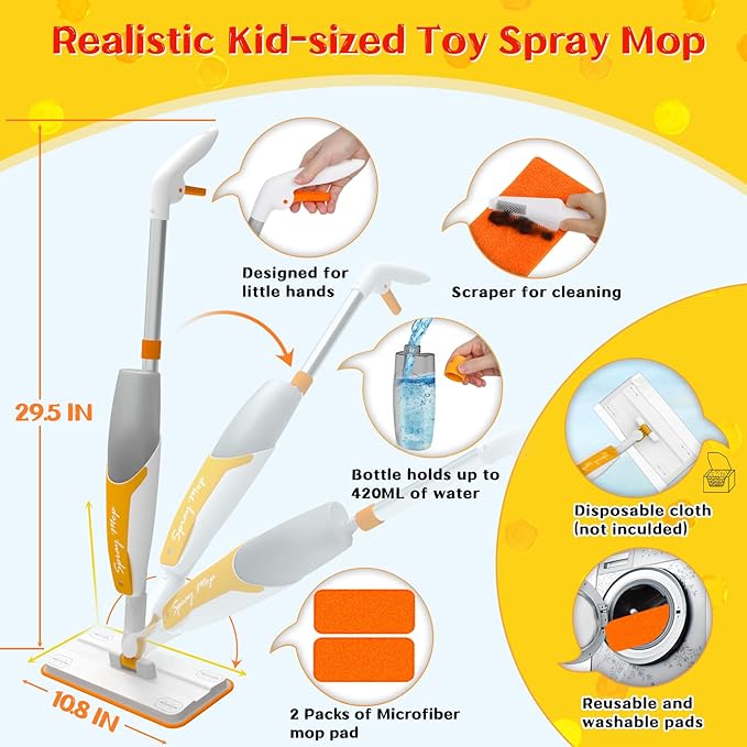 Kids Spray Mop Toy with 420ML Refillable Water Bottle, Montessori Toddler Cleaning Set for Real Floor Cleaning, Pretend Play Toy Housekeeping Kit with 2 Washable Microfiber Pads and Scraper, Orange