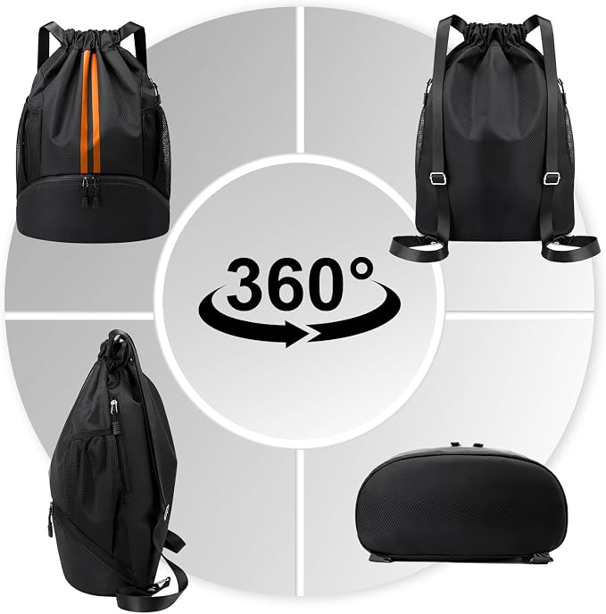 Hoedia Sports Drawstring Backpack - Swim Gym Bag for Women and Men | String Bag with Shoes Compartment and Wet Proof Pocket, Adjustable Wider Shoulder Strap, For Soccer, Basketabll, Volleyball