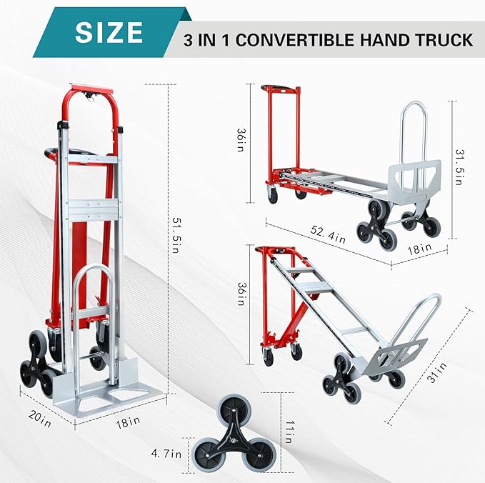 3 in 1 Industrial Convertible Hand Truck Dolly,1000 LBS Capacity Aluminum Hand Truck Dolly,Stair Climbing Hand Trucks Heavy Duty with Rubber Wheels for Moving,Transport(Red)