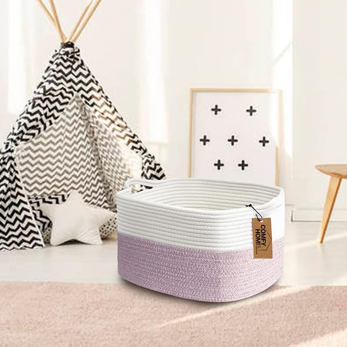 COMFY-HOMI Cotton Rope Woven Basket with Handles for Shelves,Toys,Book, Cloth Storage Baskets Bin for Organizing- 1 PCSToy Decorative Organizer for Living Room, Bathroom