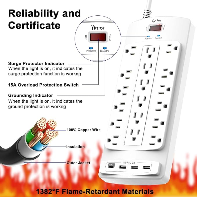 Surge Protector Power Strip, Yintar 10 Feet Flat Plug Heavy Duty Extension Cord with 18 Widely Outlets and 4 USB Ports, 2100 Joules, ETL Listed, White