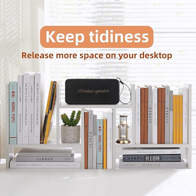 Meikuler Desktop Shelf Organizer, Adjustable Wood Display Desk Shelf, Office Storage Rack Tabletop Bookshelf Multipurpose Shelves for Home Decor, Office, Gifts (Solid White)