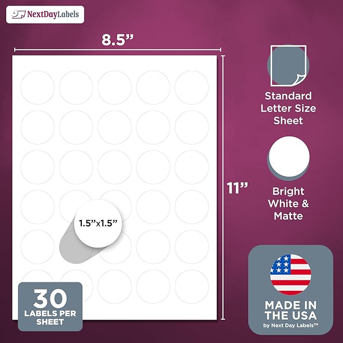 NextDayLabels 1.5 Inch Round Circle Stickers White Blank Labels for Laser Inkjet Printer - 30 Per Sheet Self-Adhesive Jar Candle Product Made in USA - 3000 Labels