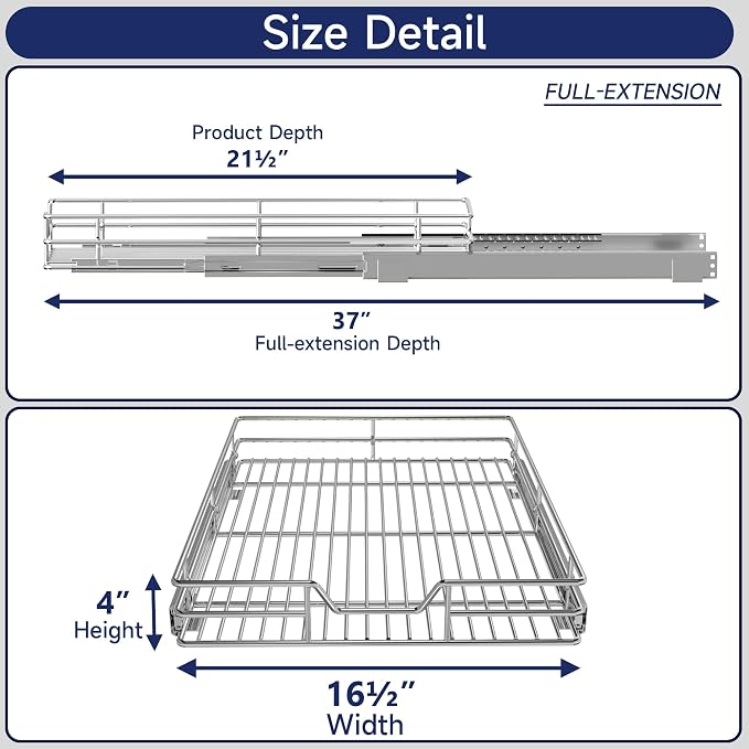 Pull Out Cabinet Organizer, 16.5" W x 21.5" D, Heavy Duty Chrome Slide Out Shelf for Base Cabinets, Sliding Wire Basket Drawer for Pantry Items, Bowls, Containers & Cleaning Supplies