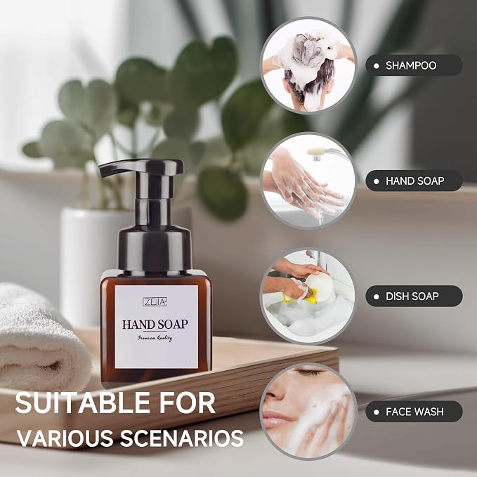 250ML Foaming Soap Dispenser, 2-Pack Plastic Hand Soap Dispenser, Refillable Leakproof Foam Pump Bottle with Waterproof Labels, for Shampoo, Body Wash