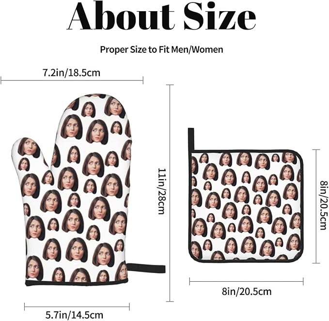 Custom Oven Mitts and Pot Holders Personalized with Your Face, Baking Gifts for Women for Kitchen Cooking, BBQ, Grillin-Style2, 2 Oven Mitts+ 1 Pot Holders