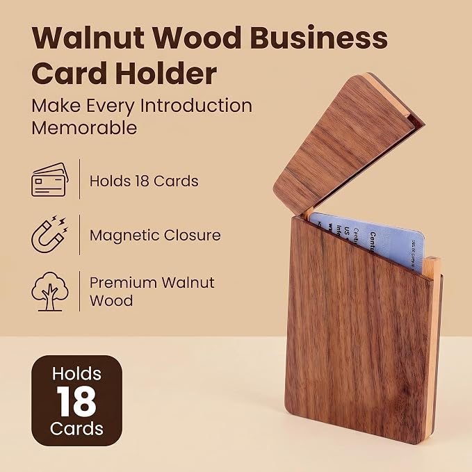 sunking Minimal Walnut & Beechwood Business Card Holder – Slim Handmade Wooden Card Case for 18 Cards, Elegant Pocket-Sized Design for Professionals, Gift for Men & Women(Wanlunt -1)