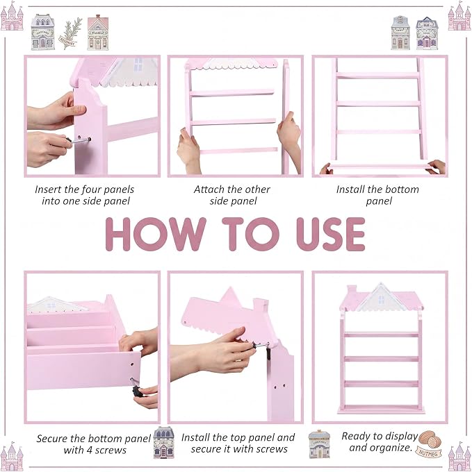 Chunful Vintage Spice Jar Wooden Rack with 4 Tier Hanging Spice Rack Wall Mounting Kitchen Storage Village Style Display Shelf for 24 Jar, Christmas Wedding Bridal Gift, Shelf Only(Pastel Pink House)
