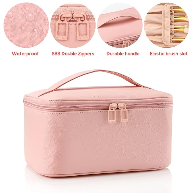 OCHEAL Pink Makeup Bag,Travel Makeup Organizer Bag, Large Capacity Cosmetic Bags For Women Large Travel Toiletry Bag Girls Traveling With Brush Slot And Divider