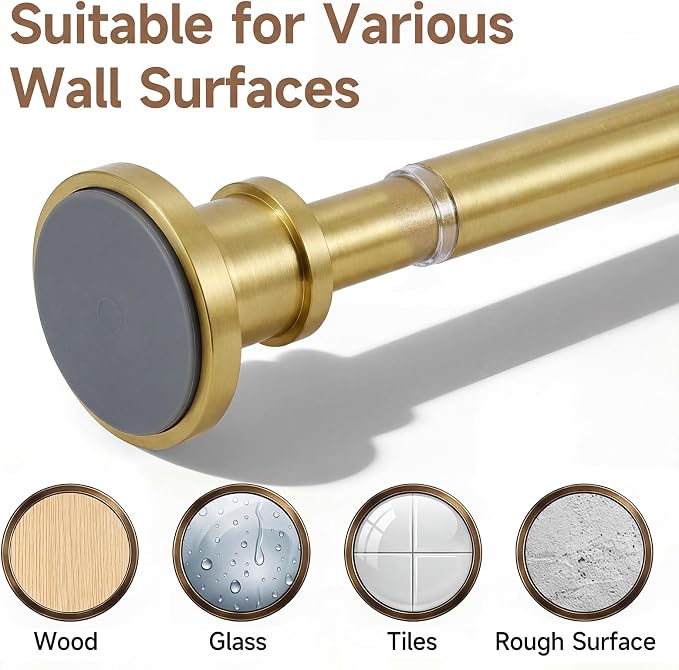 BRIOFOX Gold Tension Curtain Rod 24 to 64 Inch(2-5.3ft) - Spring Tension Shower Curtain Rod, No Drilling Brass Gold Tension Rod for Curtains Windows Closet Kitchen