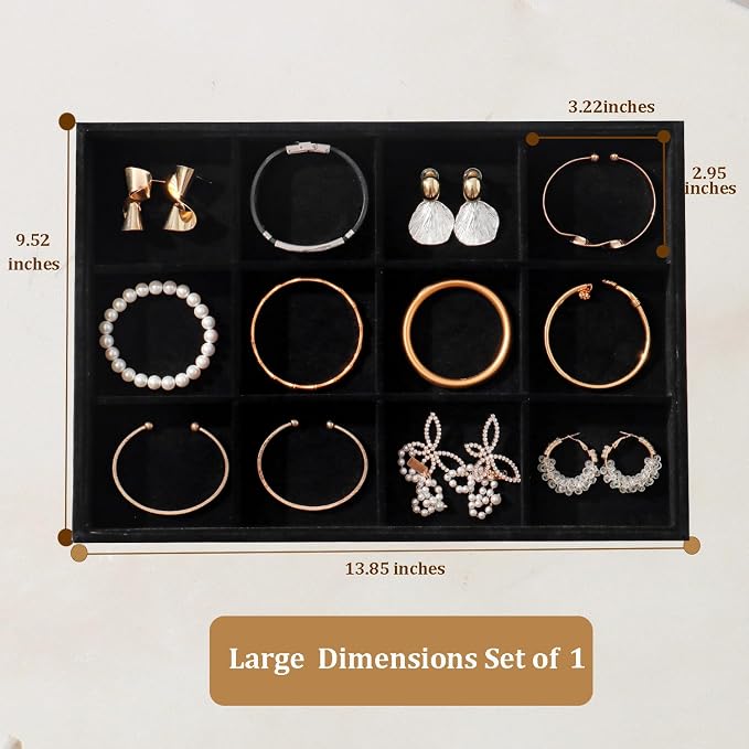 Large Jewelry Organizer for Drawer Insert Velvet Stackable Jewelry Trays for Earring Necklace Bracelet Ring Display (Black, 12 Grids)