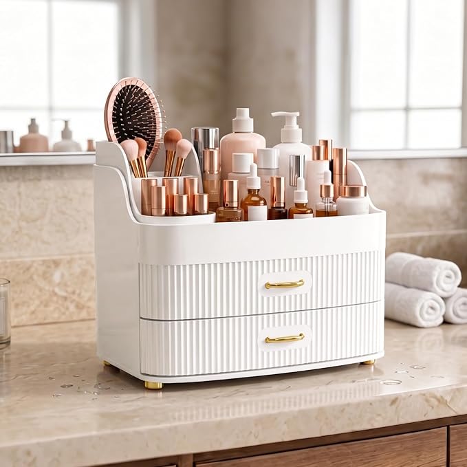 Makeup Organizer for Countertop Vanity Skincare Storage for Perfume Lipstick Bathroom Dresser Desk with Drawers And Brush Holder (White)