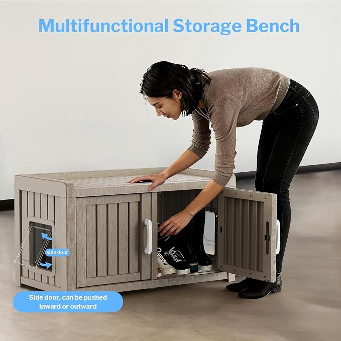 2 Doors Shoe Storage Bench - 2 Side Door Hidden Furniture Cabinet with Storage, Waterproof Entryway Bench with Seat for Indoor Outdoor, Outdoor Shoe Storage for Hallway, Grey