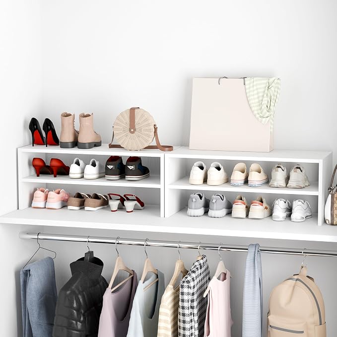 Whitmor Stackable 28" Extra Wide 2-Shelf Storage Organizer, Stackable Wood Combination Shoe Organizer Racks Shelves for Closets, Entryway, Hallway, Garage,White,2 Pack