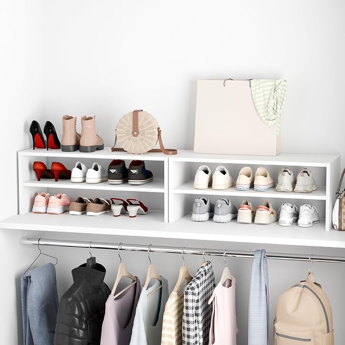 Whitmor Stackable 28" Extra Wide 2-Shelf Storage Organizer,Stackable Wood Combination Shoe Organizer Racks Shelves for Closets, Entryway, Hallway, Garage, White
