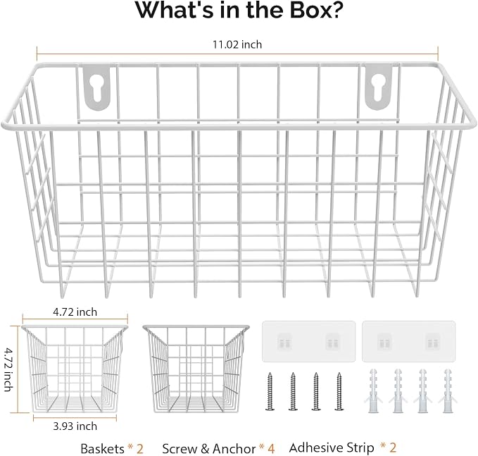 MaraFansie Hanging Wire Baskets Kitchen Storage Basket Adhesive and Screws Basket Over the Cabinet Door Organizer with Adhesive Strips and Screws Accessories, 2 Installations, 2 Pack, White