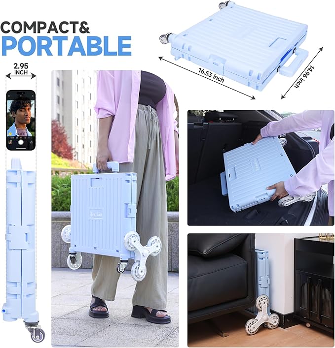 Folding Rolling Cart on Stair Climbing Wheels : Rolling Crate for Grocery File Office Book (Blue)
