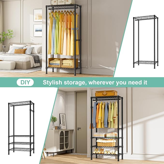 SEMHOR E06 Expandable Heavy Duty Clothes Rack for Reach-in Closet, Freestanding Clothing Racks with Shelves, Carbon Steel Closet Organizer System Adjustable from 70.8-93.9", Max Load 800LBS, Black