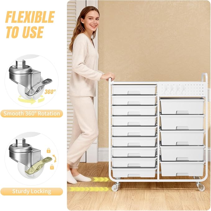 Rolling Storage Cart with 14 Drawers, Storage Organizer Cart with Tabletop and Pegboard,Utility Cart for Living Room, Classroom, Bedroom,Bathroom,Dorm,Office (White)