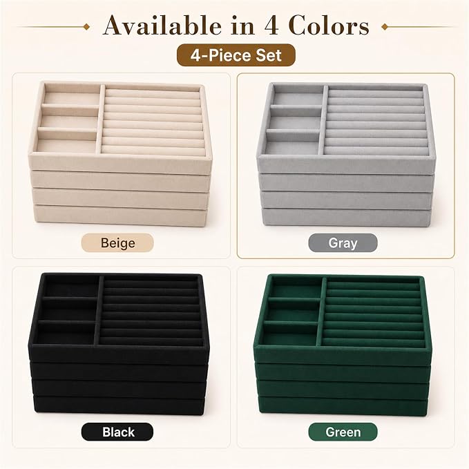4 Pack Stackable Jewelry Organizer Tray Set - Velvet Display Case | for Rings Earrings Necklaces, for Drawer Organization, Can Stacked