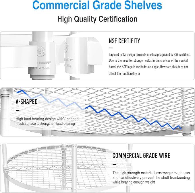 6 Tier NSF Metal Shelf Round Corner Wire Shelving Unit, 2400lbs Capacity Heavy Duty Adjustable Storage Rack with Shelf Liners for Kitchen Garage Office Etc Room Corner, 85.5"H x 30"L x 30"D - White