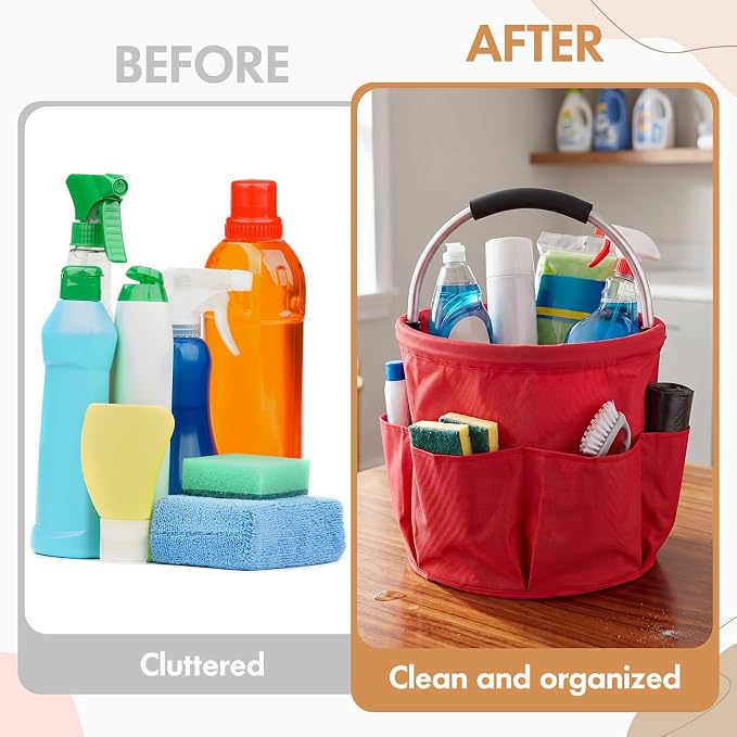 LemonRoad 4 Pack Cleaning Caddy with Handle 17L Foldable Cleaning Supplies Organizer Oxford Cloth Storage Basket with 6 Pockets Portable Multi Bucket Bag for Home Garden(Black,Dark Gray,Red,Green)