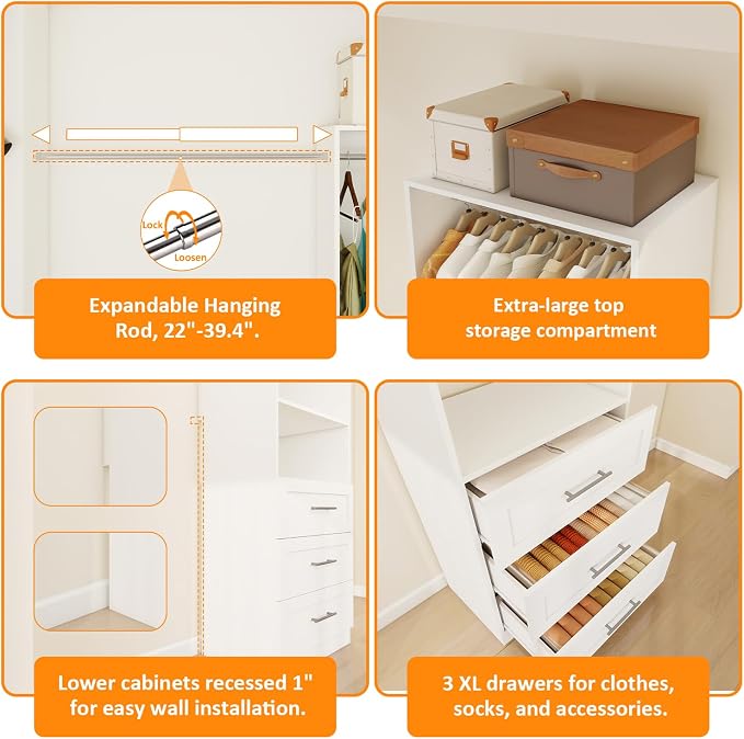 Closet System with Wooden Drawers, 4FT Closet Organize System with Drawers & Hanging Rods &for Walk in Closets, 2PCS*24" Freestanding Closet System, White(4FT)