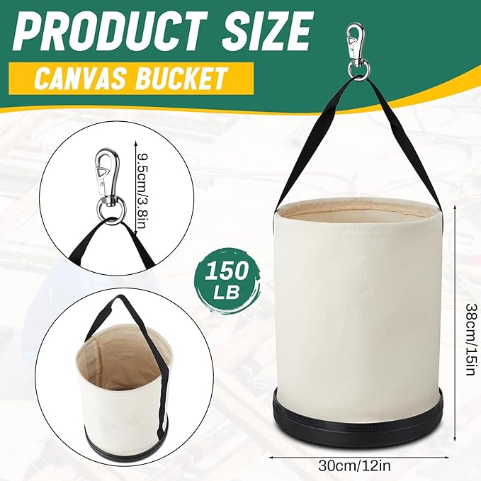 1 Pack Canvas Bucket 15" x 12" Heavy Duty Lineman Tool Bag with Plastic Bottom & Metal Hook Electrician Tool Organizer for Jobsite Use, Load Rated up to 150 Pounds (White)