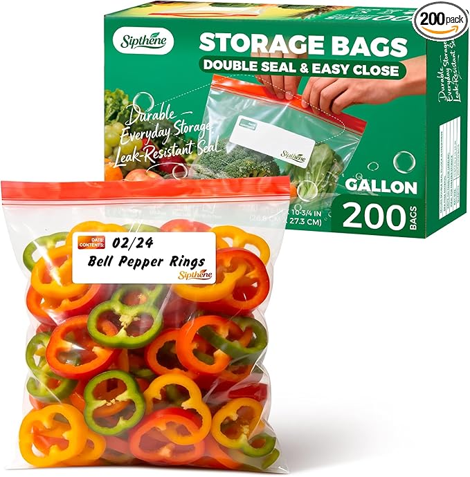 Gallon Food Storage Freezer Bags 200 Count, Heavy Duty & BPA Free Gallon Bags with Double Zipper Seal, Write On Labels, Kitchen and Meal Prep Baggies, Non Stand Up Design | Leakproof Seal, Locks in Freshness