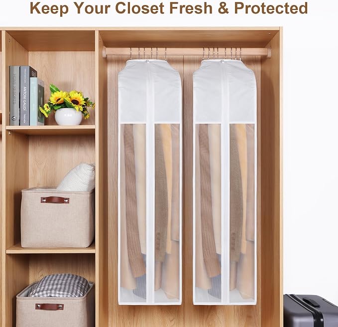 43" Premium Cotton Garment Bag for Hanging Clothes, Breathable Suit Bags for Closet Storage with Extre Large 10" Gusseted & Clear Window, Dust Cover with Zipper for Suits, Jacket, 1 Pack