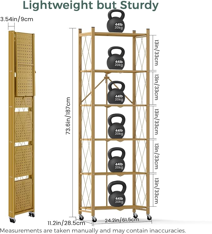 DEANIC 6-Shelf Folding Bookcase with Wheels, Heavy Duty Storage Shelves, Freestanding Metal Wire Shelving Unit for Living Room, Office, Kitchen, Basement, Pantry (Gold 2 Pack)