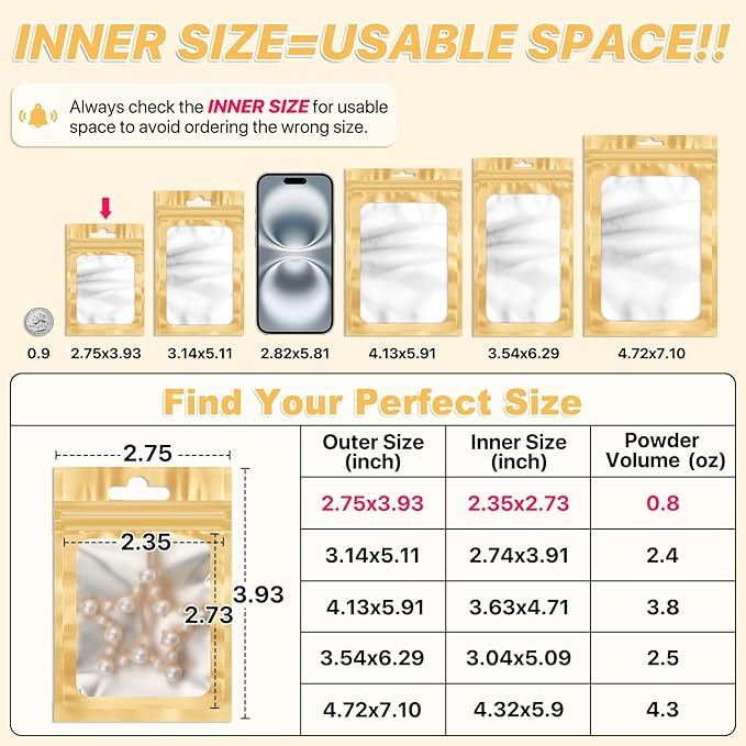 ANZNKU 100 PCS Resealable Mylar Bags with Frosted Clear Window Packaging Bags Foil Pouch Zipper Bag for Food Self Sealing Storage Supplies (2.75×3.93, Light Gold)