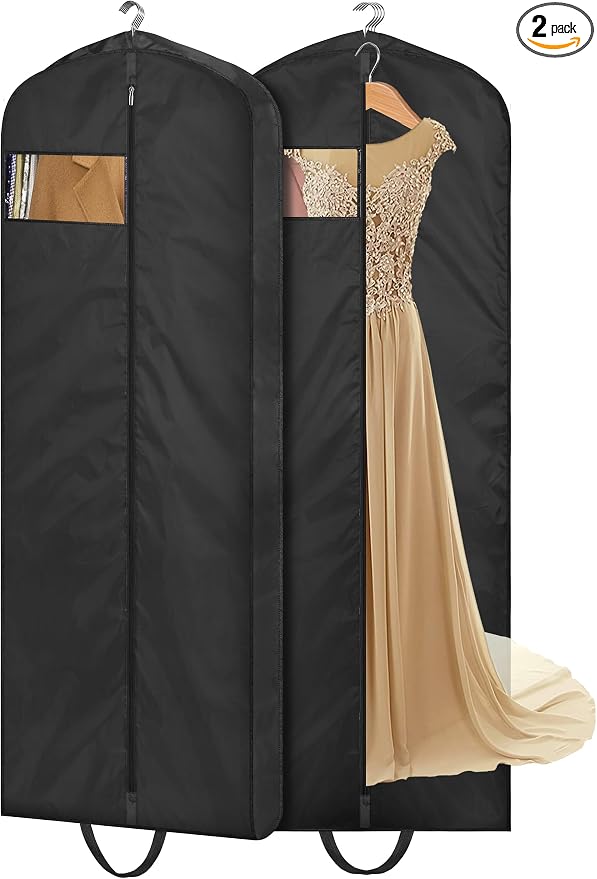 MISSLO 65" Long Garment Bags for Travel Dress Bags for Hanging Clothes 2 Packs Wedding Dress Cover Waterproof Clothes Protector for Closet Storage for Gowns, Tuxedos, Coats, Black