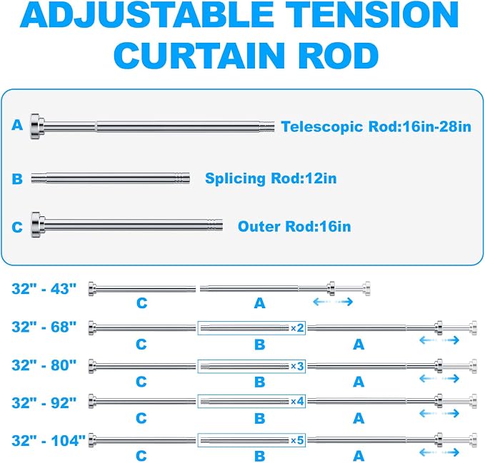TEECK Shower Curtain Rod, 32-104 inch Adjustable Spring Tension Curtain Rod, Never Rust Anti-Slip Shower Curtain Rod for Bathroom, No Drilling, Never Collapse, Easy to Use, Silver