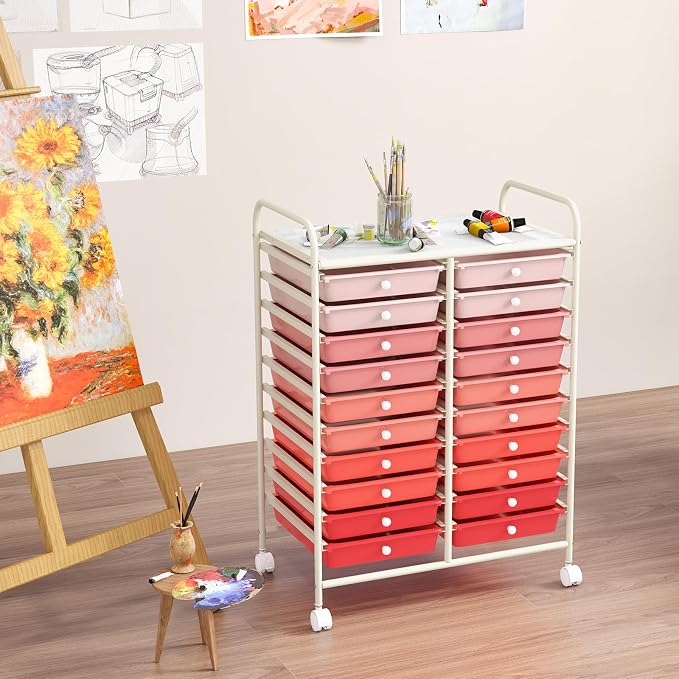 LDAILY 20-Drawer Rolling Storage Cart, Rolling Storage Cart, Storage Organizer on Wheels, Metal Frame, Scrapbook Paper Tools, Suitable for Office School, Classroom (Gradient Pink, 20 Drawer)