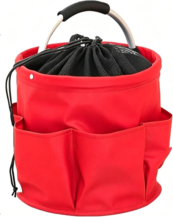 Garden Tool Bucket Organizer, Bucket Tool Organizer,5 Gallon with Aluminum Handle, Multi Side Pockets Portable Storage Caddy for Gardening Camping Car Wash (Red, Drawstring Closure)