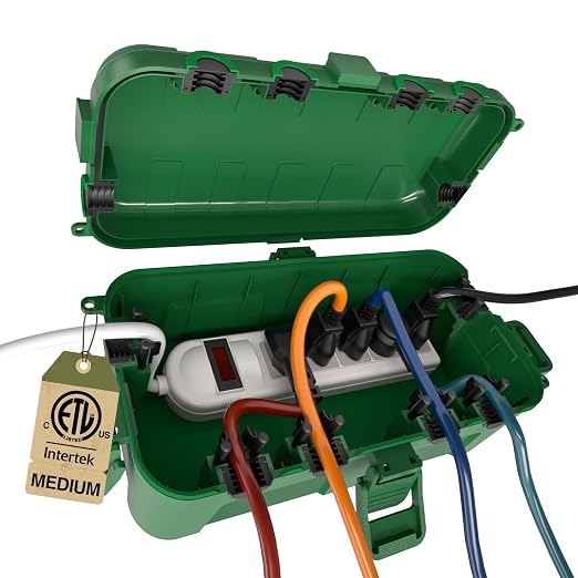 Flemoon Medium Outdoor Waterproof Electrical Box, for Power Strip | 11.5x5.2x4inch, IP54 Extension Cord Cover w/6 Cable Entry Ports, Weatherproof Connection Box for Timer, Holiday Lights, Green