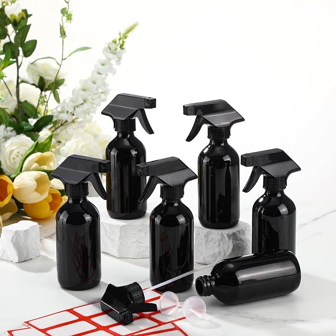 Norme 24 Pcs Glass Spray Bottles with Funnels and Labels 8 oz Refillable Cosmetic Empty Spray Containers with Trigger Squirt Containers for Essential Oil Cleaning Solutions(Black)