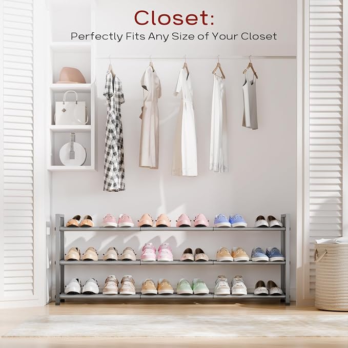 Bumusty 3-Tier Long Expandable Shoe Rack for Closet, 18"-44" Adjustable Shoe Rack for Entryway, 15-18 Pairs Large Shoe Organizer Shelf Storage, Sturdy Metal, Light Grey