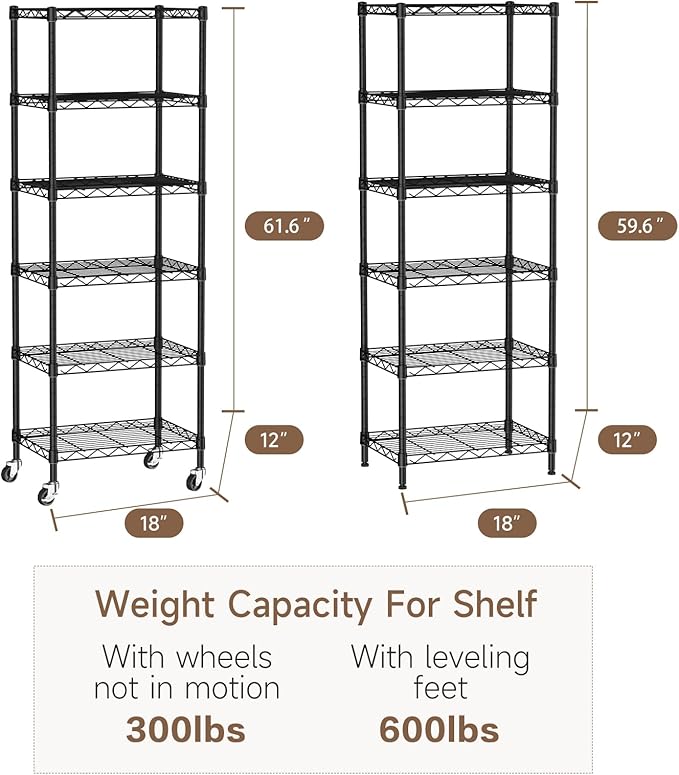 Golpart Small Shelves Storage Wire Metal Adjustable Shelf Unit with Wheels | 6 tier Shelving Organizers Storage Shelving for Bathroom Laundry Room Kitchen Pantry 11.7”D x 17.7”W x 61.6”H Black