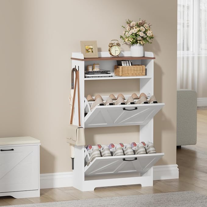 Shoe Cabinet Organizer with 2 Flip Drawers, Farmhouse Narrow Shoe Storage Cabinet with 2 Adjustable Shelves & 2 Hooks, 23.6"W x 8.7"D x 41.8"H Shoe Rack for Entryway, Foyer, Hallway, White