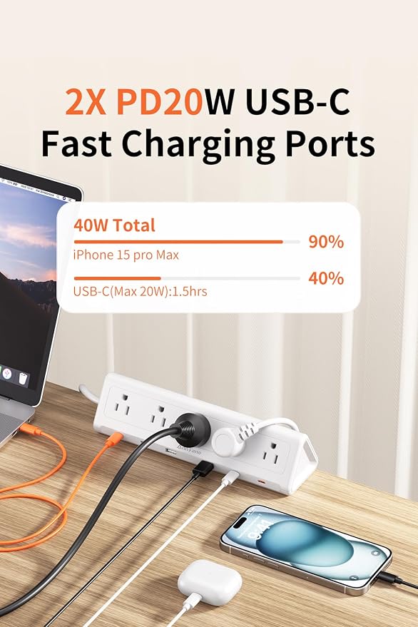 6.5 FT Desk Clamp Power Strip with 5 AC Outlets & 6 USB Ports PD 40W USB-C Fast Charging, Extension Cord with Multiple Outlets, Fits 2.1 in top Edge White
