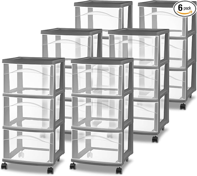 Sterilite 6 Pack 3 Drawer Storage Cart, Rolling Organization, Flat Gray