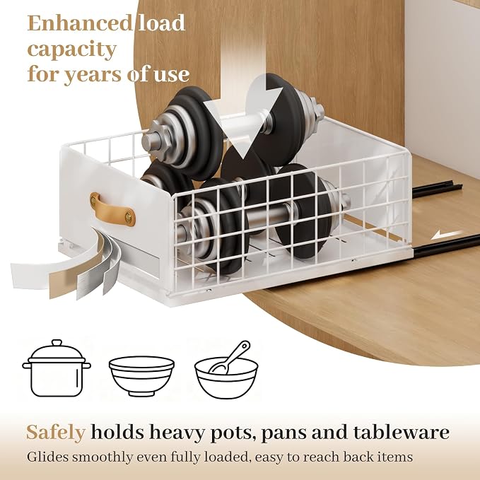 Pull Out Cabinet Organizer, 1 Pack No-Drill Pantry Drawers, Slide Out Shelves with Bamboo Risers for Lipped Cabinets,Ideal for Kitchen, Bathroom & Under Sink Storage (White, 11.8"Wide-15.7"Deep)