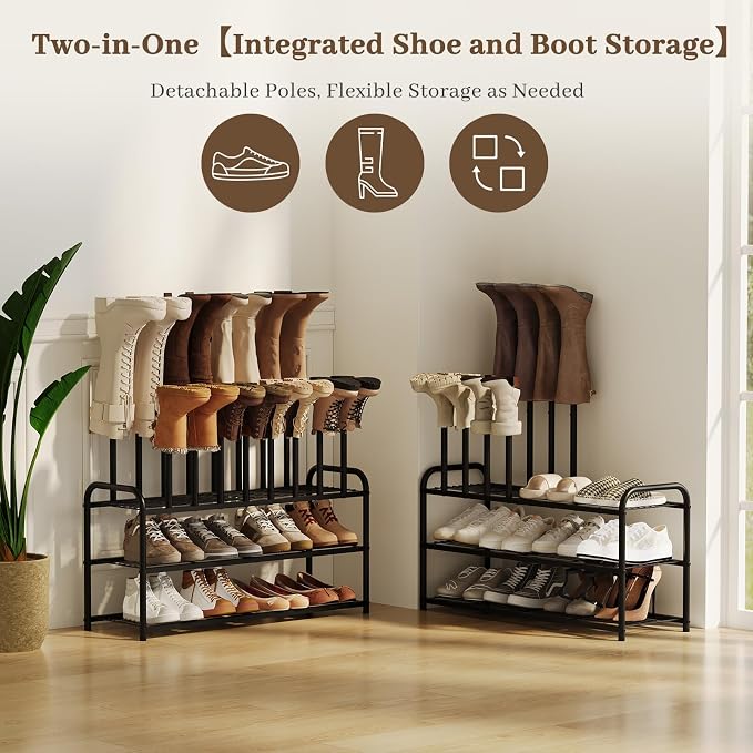 Kitsanery Shoe Rack, 100% Metal Boot Rack Organizer for Entryway, Closet & Garage, Free Standing Shoe Shelf for Storage Tall Boots, Sneakers, Cowboy Boots, Black (Large - 8 Pairs)