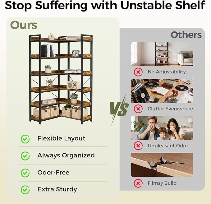 GTPLAYER 6-Tier Corner Bookshelf, L-Shaped Metal Frame Shelf with Tall 14" Shelves, Plant Stand and Storage Rack for Small Spaces, Living Room and Home Office, Vintage Brown