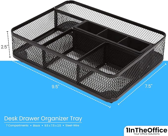 1InTheOffice Modern Minimalist Mesh Collection Desk Drawer Organizer, 7 Compartment, Matte Black