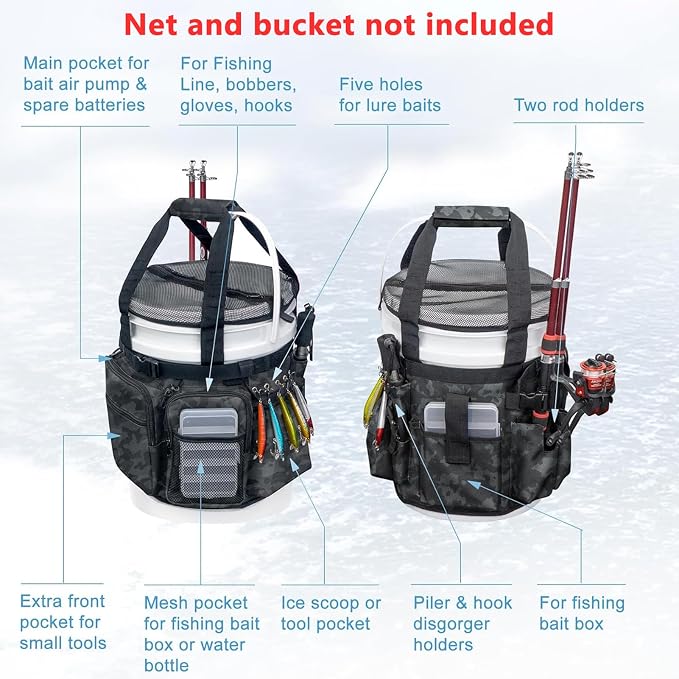 Fishing Bucket Backpack Fishing Bucket Organizer with Multi Pocket Fishing Gear and Accessories Organizer Suitable 5 Gallon Bucket Multi-functional Tool Bucket Bag for outdoor