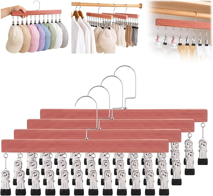 Novabright 4 Pack Cedar Hangers with 12 Clips, 360° Rotating Multi Clip Hangers for Closet, Wooden Hanging Space Saving Organizer for Leggings Pants Jeans Socks Hats Scarves Bras Accessories