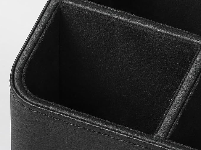 PU Leather Remote Control Holder, Nightstand Organizer with 4 Compartments | Luxury Desk Caddy with Velvet Lining, Small Desk Organizer for Living Room, Bedroom, Bedside, End Table, 6.8" x 6.7" x 4"
